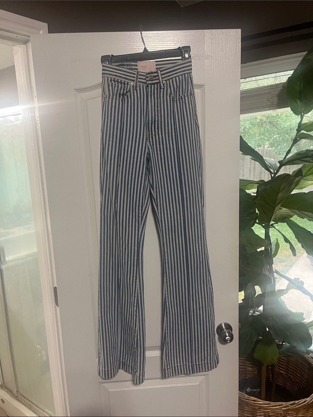REVICE Vertical Stripe Flare Jeans - Blue & White